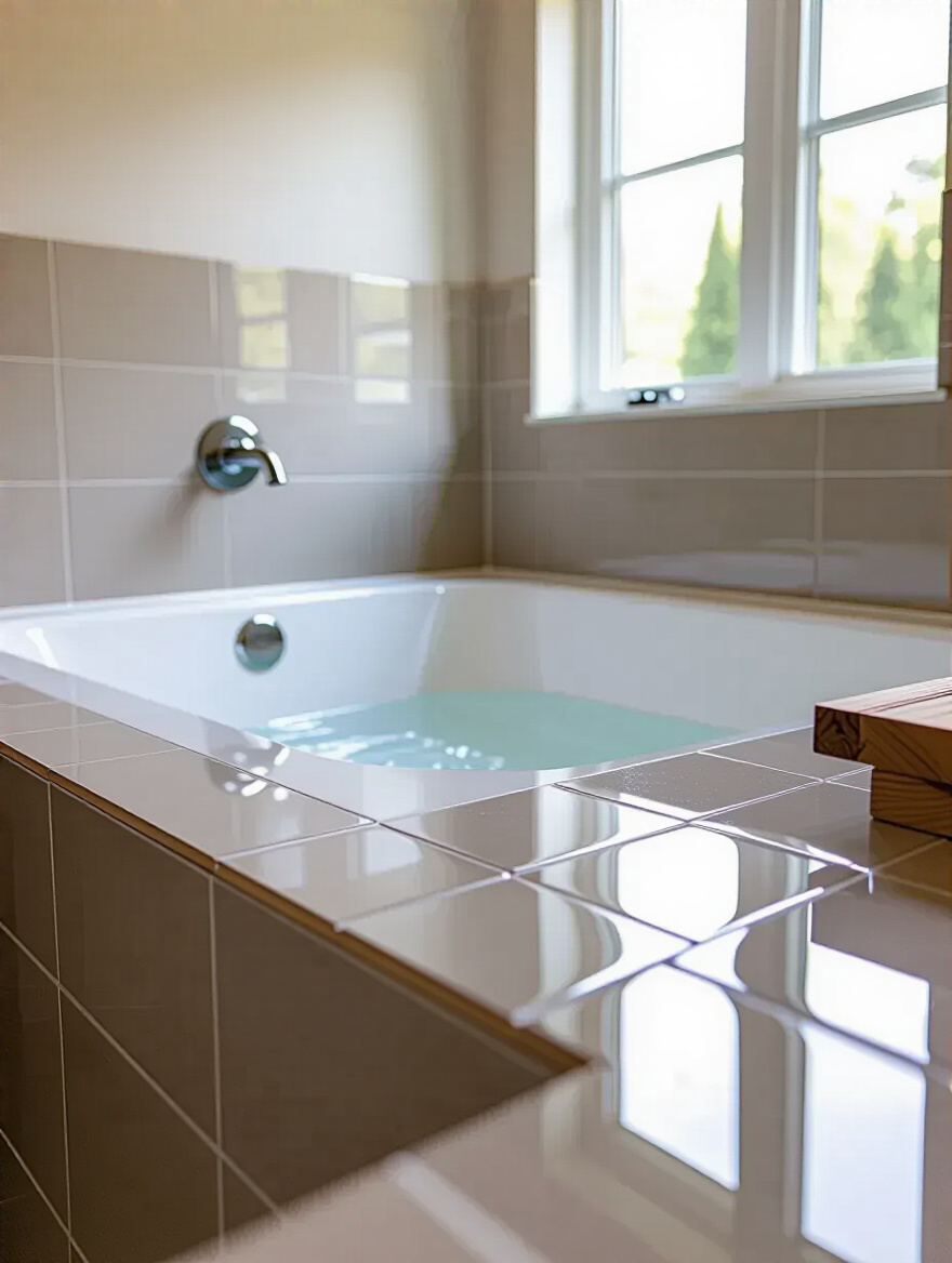 Close-up portrait photo of precise tile installation around bathtub surround with waterproof backer board in modern bathroom