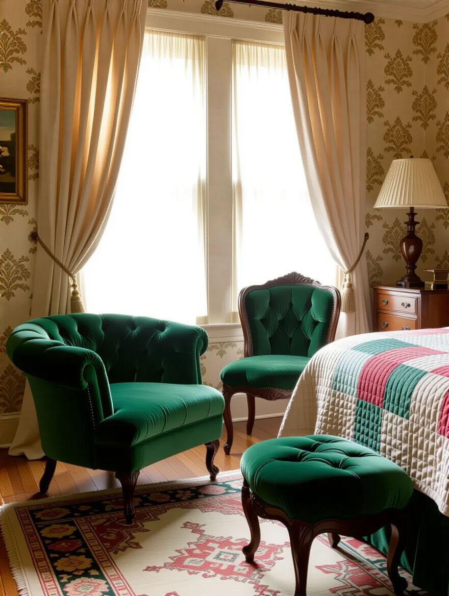 Portrait of a vintage bedroom corner with period-appropriate seating: velvet chaise, tufted slipper chair, warm lighting, and cozy relaxation nook.