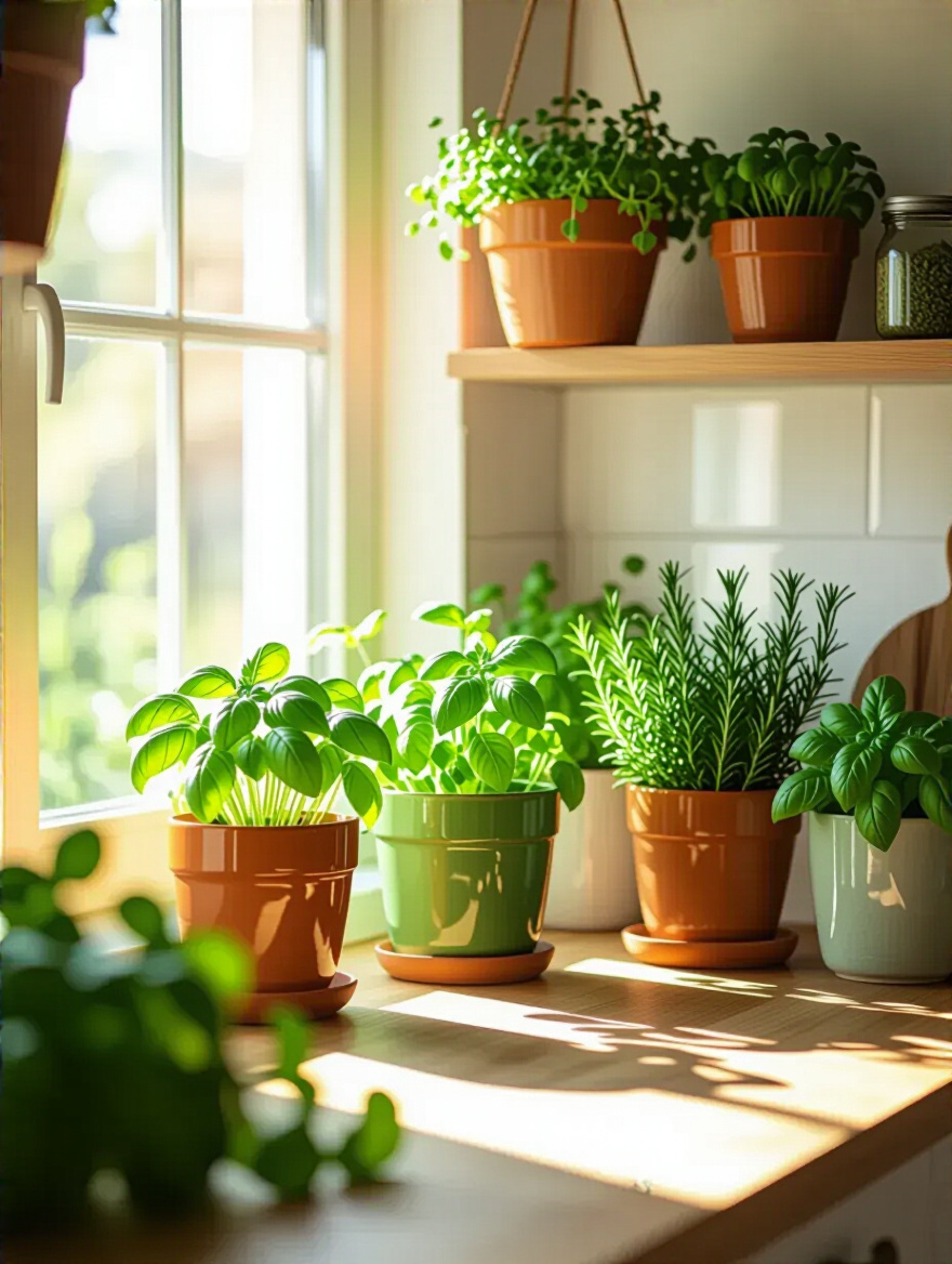 Modern kitchen corner with fresh greenery and herbs in pots on a sunny windowsill and hanging planters