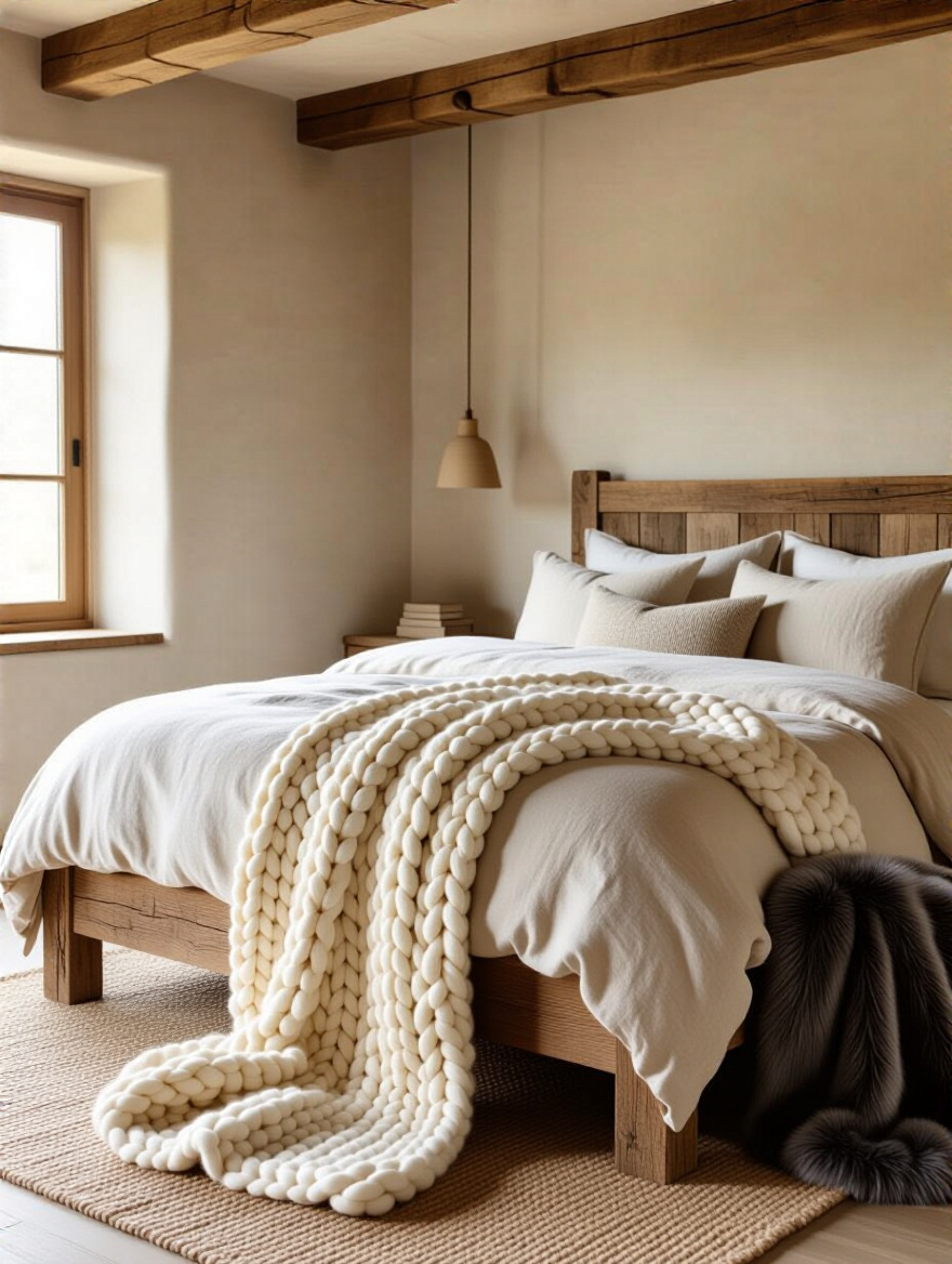 Reclaimed wood bed with cream chunky wool throw draped at foot and charcoal faux fur accent in a cozy rustic bedroom