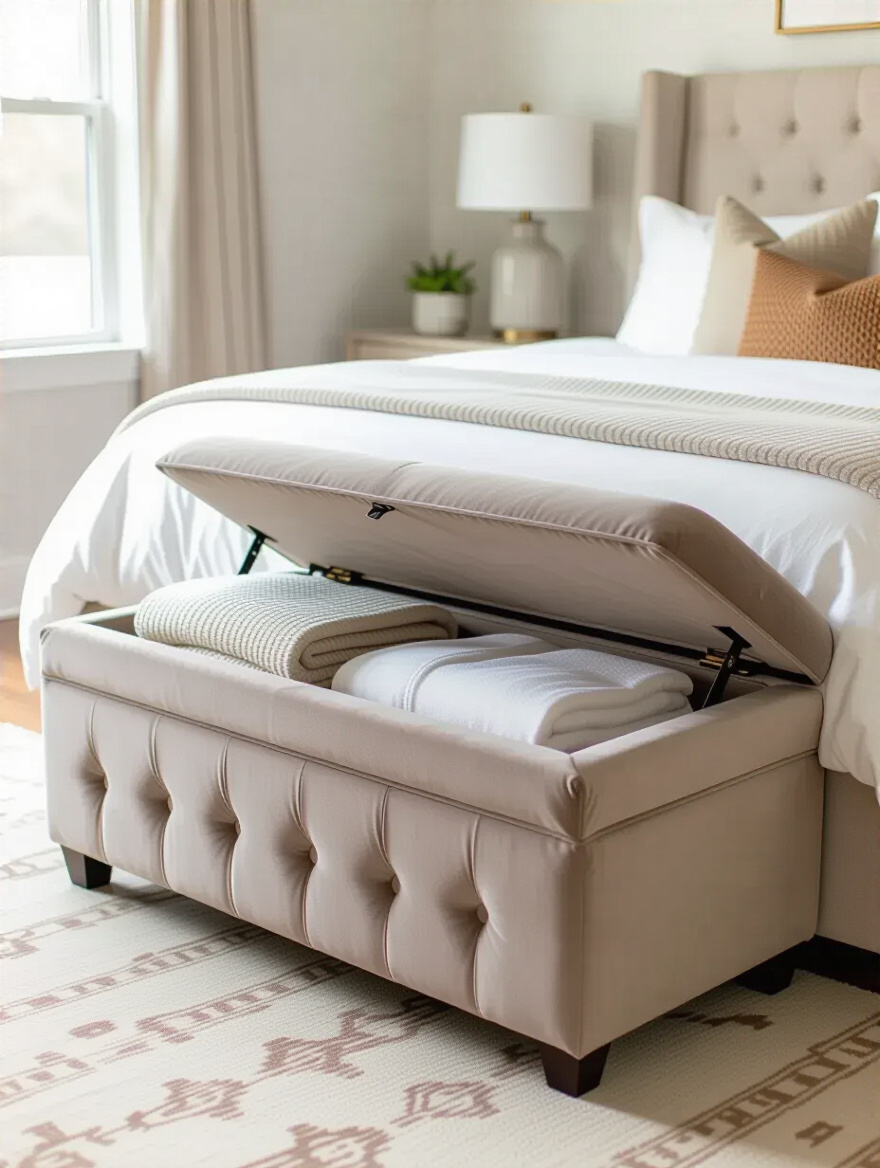 Modern bedroom with a multi-functional ottoman bench featuring velvet upholstery and hidden storage at the foot of the bed