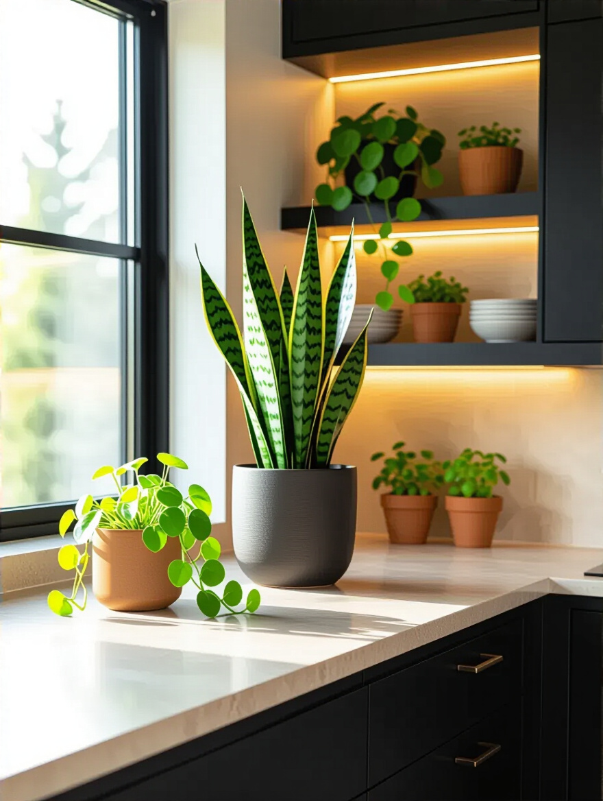 Vertical interior photo of a black kitchen with vibrant greenery and natural light.