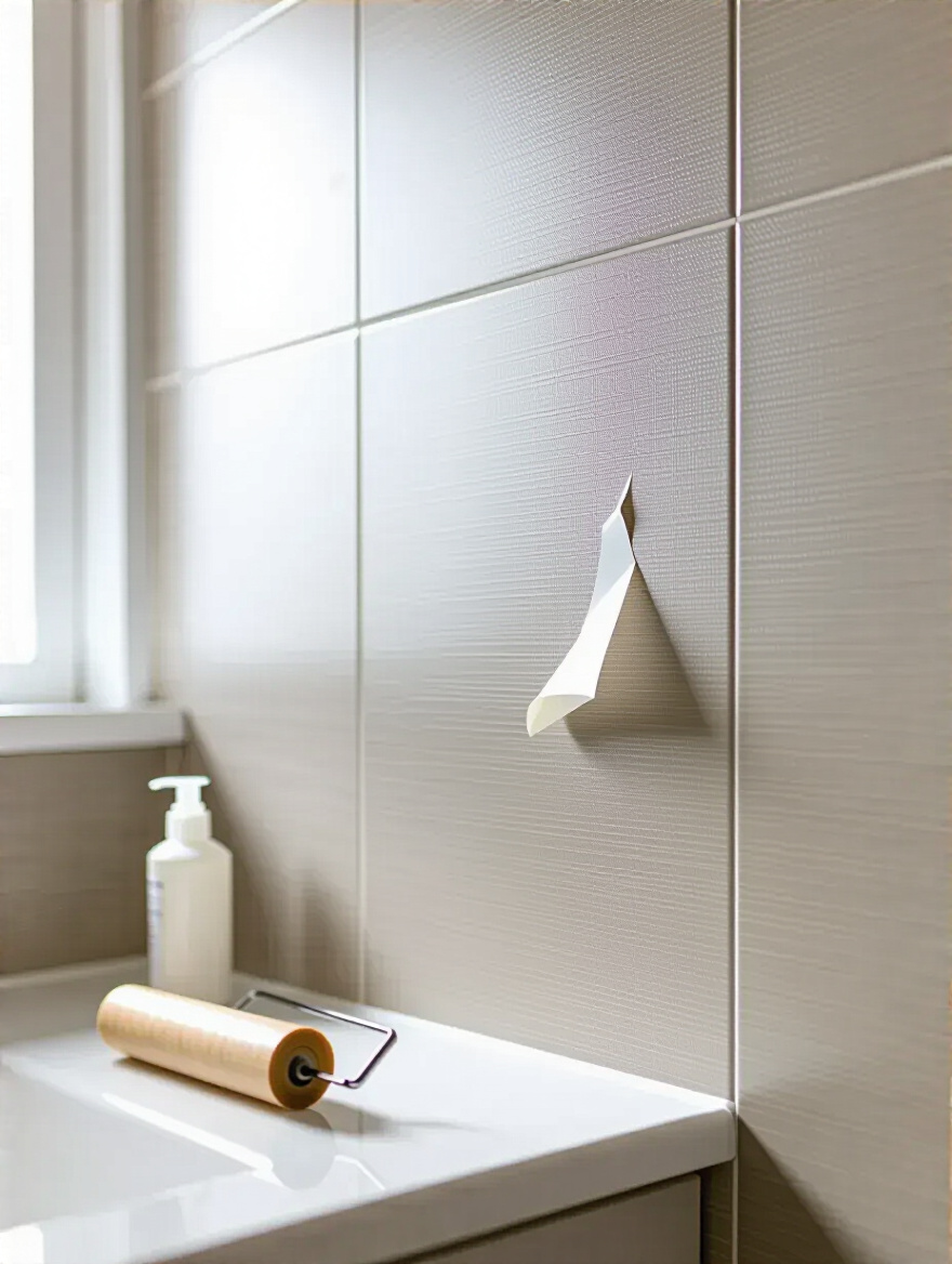 Portrait bathroom wall with peeling wallpaper edge being repaired using a seam roller and clear adhesive, soft daylight