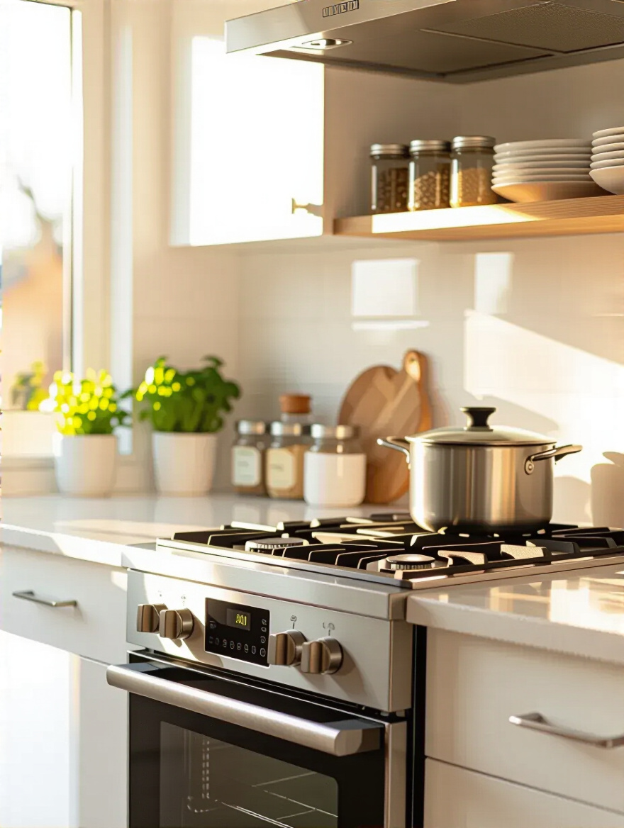 Clean, organized kitchen counter with a wiped surface, neatly stored ingredients, and warm natural light; no people.