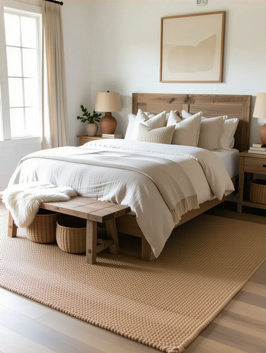 Vertical rustic bedroom with a large jute or sisal rug under a reclaimed wood bed, layered sheepskin, woven baskets and warm natural light.