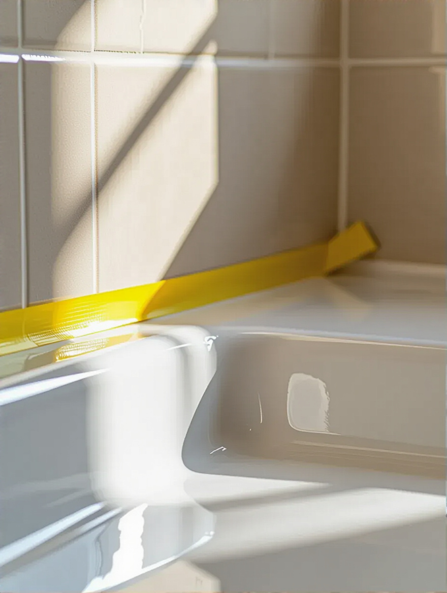 Close-up of a perfectly applied clear silicone sealant bead on bathtub corner with smooth, professional finish