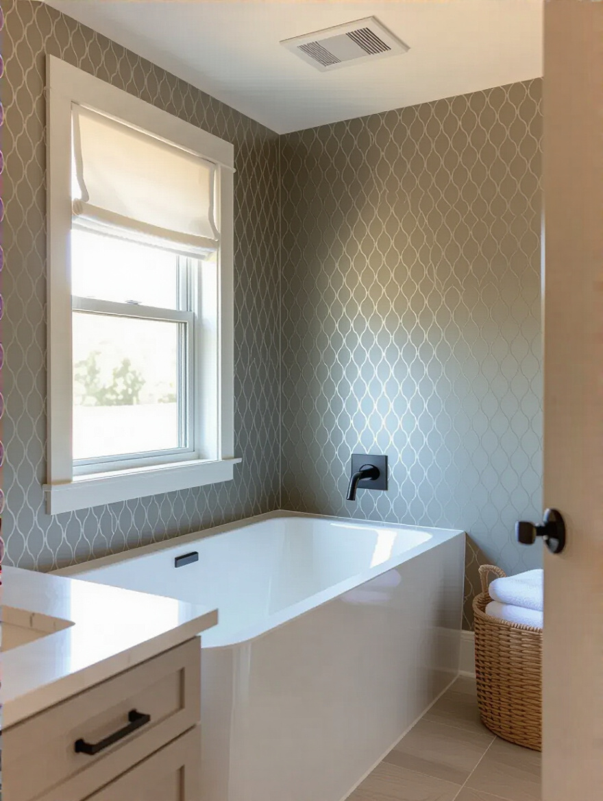 Portrait view of a modern bathroom with wallpaper, a ceiling vent, and a window letting in soft light to show ventilation for wallpaper longevity.
