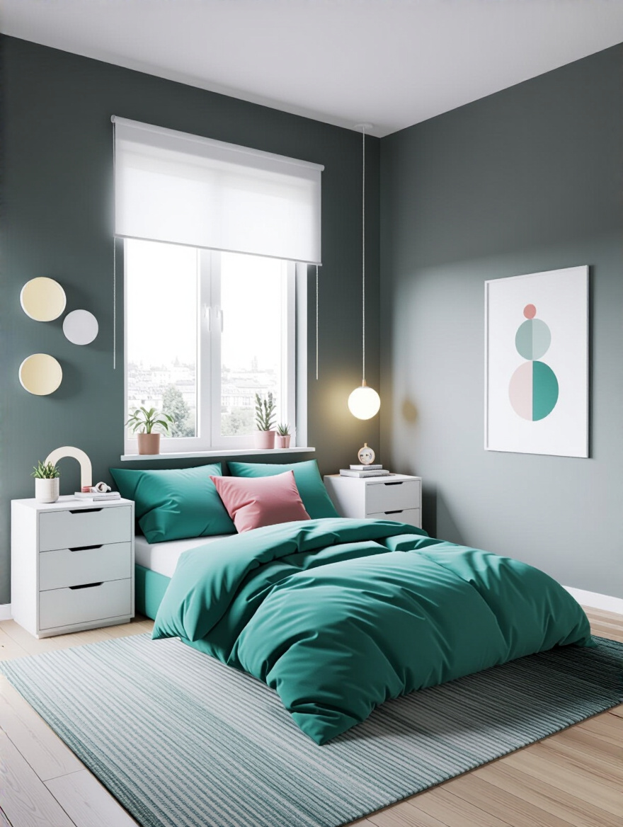 Portrait view of a teenage bedroom with smart storage solutions including modular shelves, built-in bed drawers, and a wall-mounted pegboard organizer