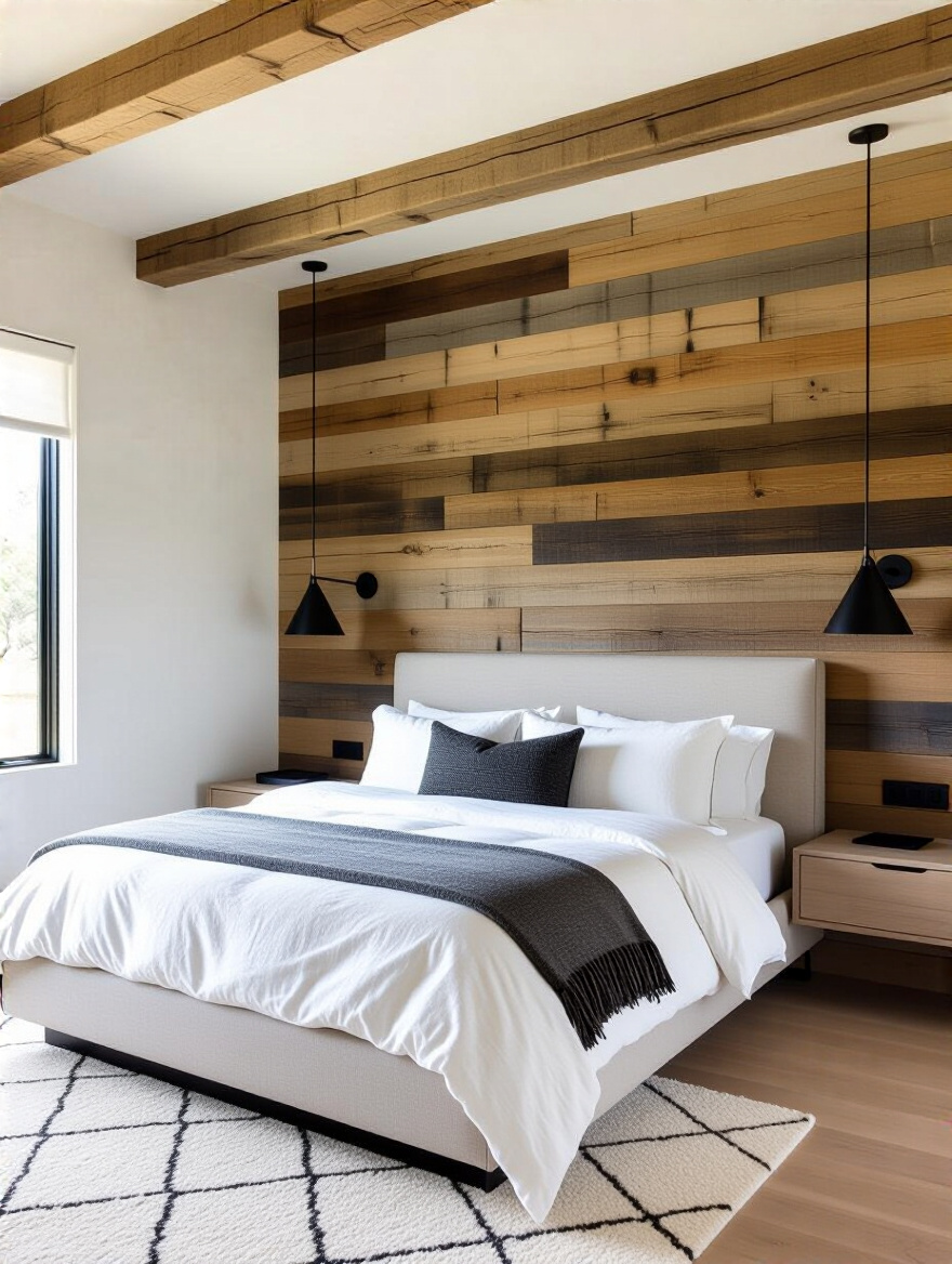 Portrait photo of a modern rustic bedroom with a low-profile upholstered bed, reclaimed wood accent wall, matte black sconce, geometric pendant, plush rug, and warm natural light — no people.