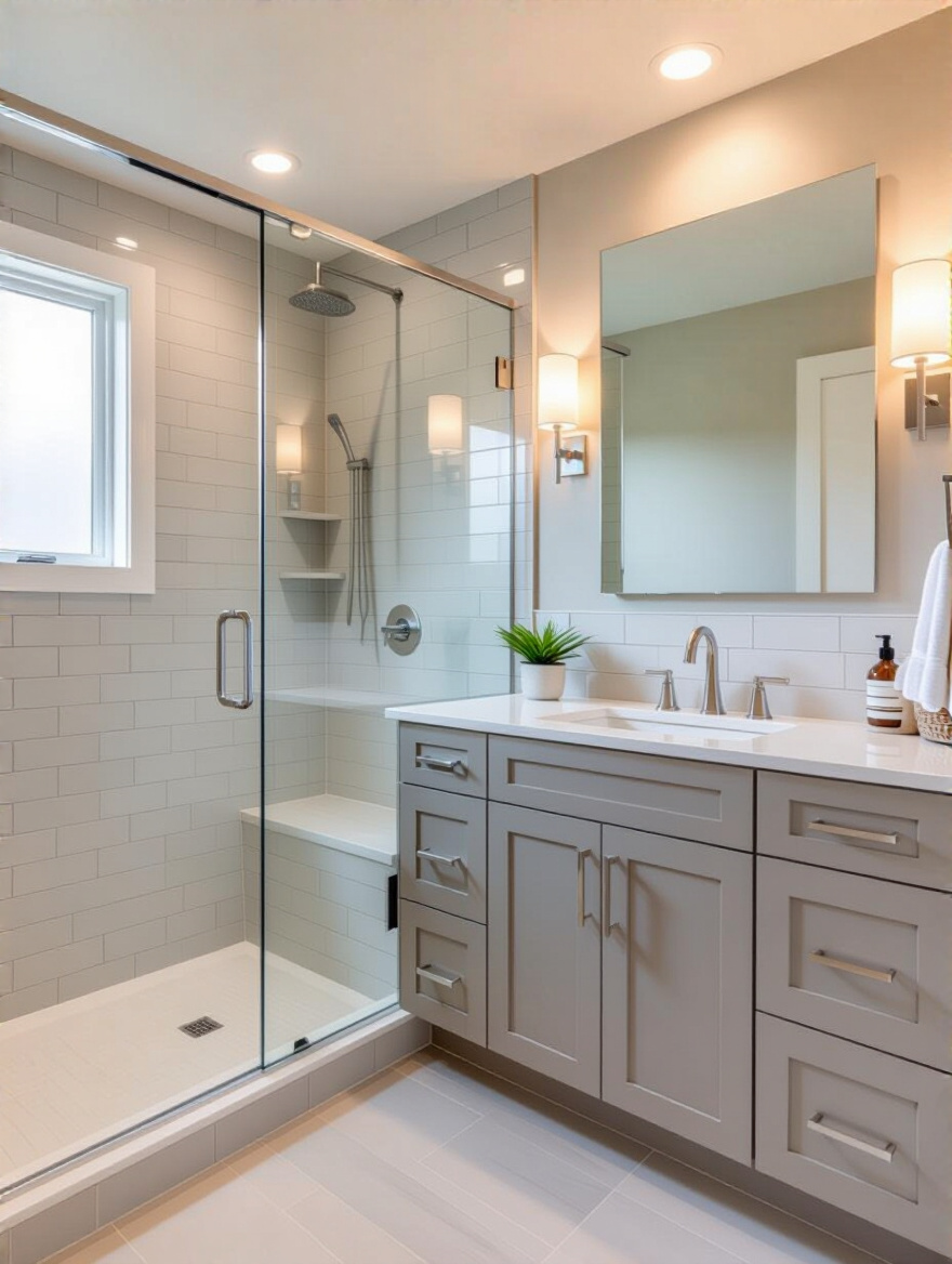 Modern bathroom remodel with walk-in shower and neutral tones boosting home resale value