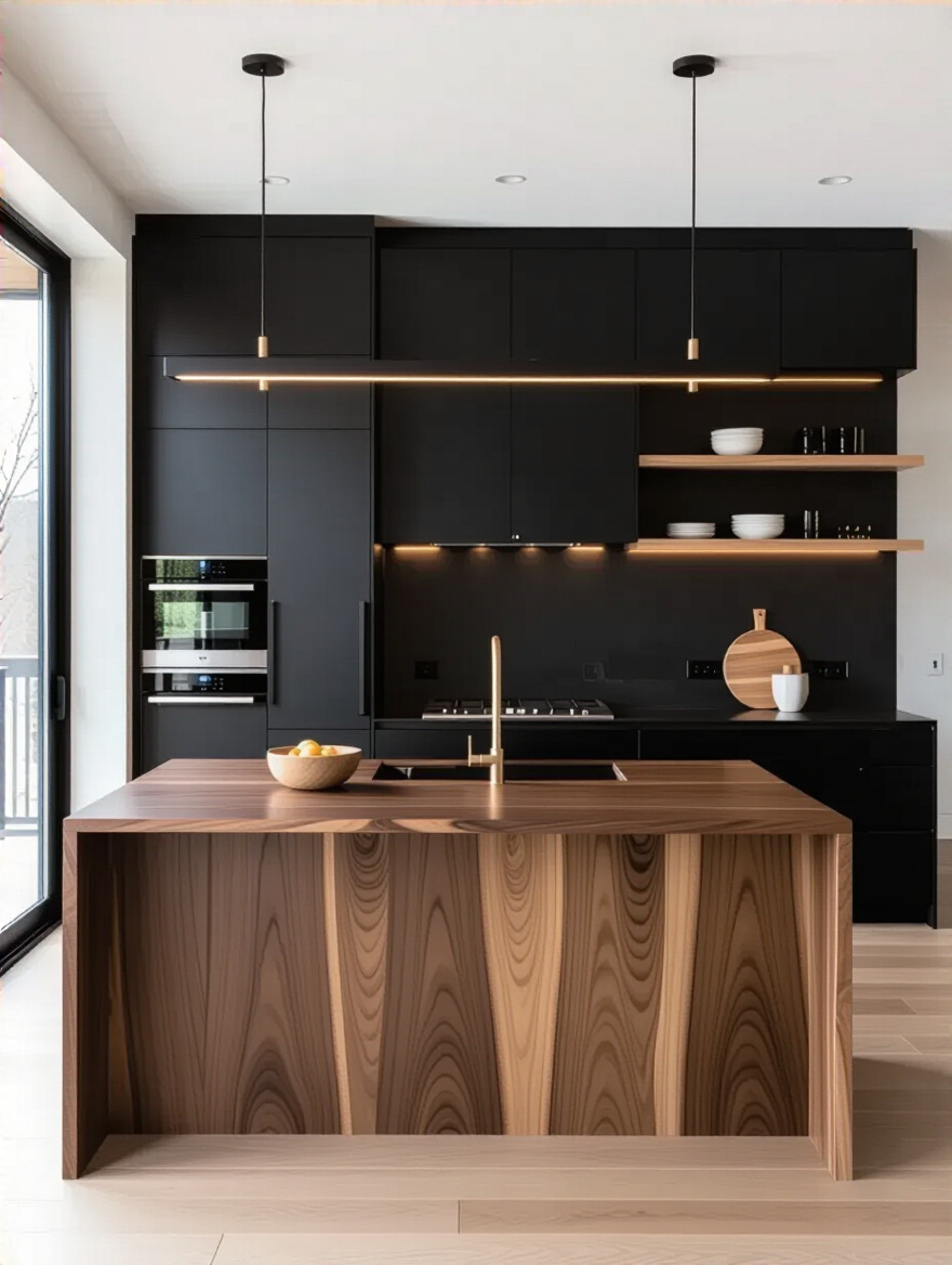 Vertical kitchen with black cabinets and warm natural wood accents, inviting lighting