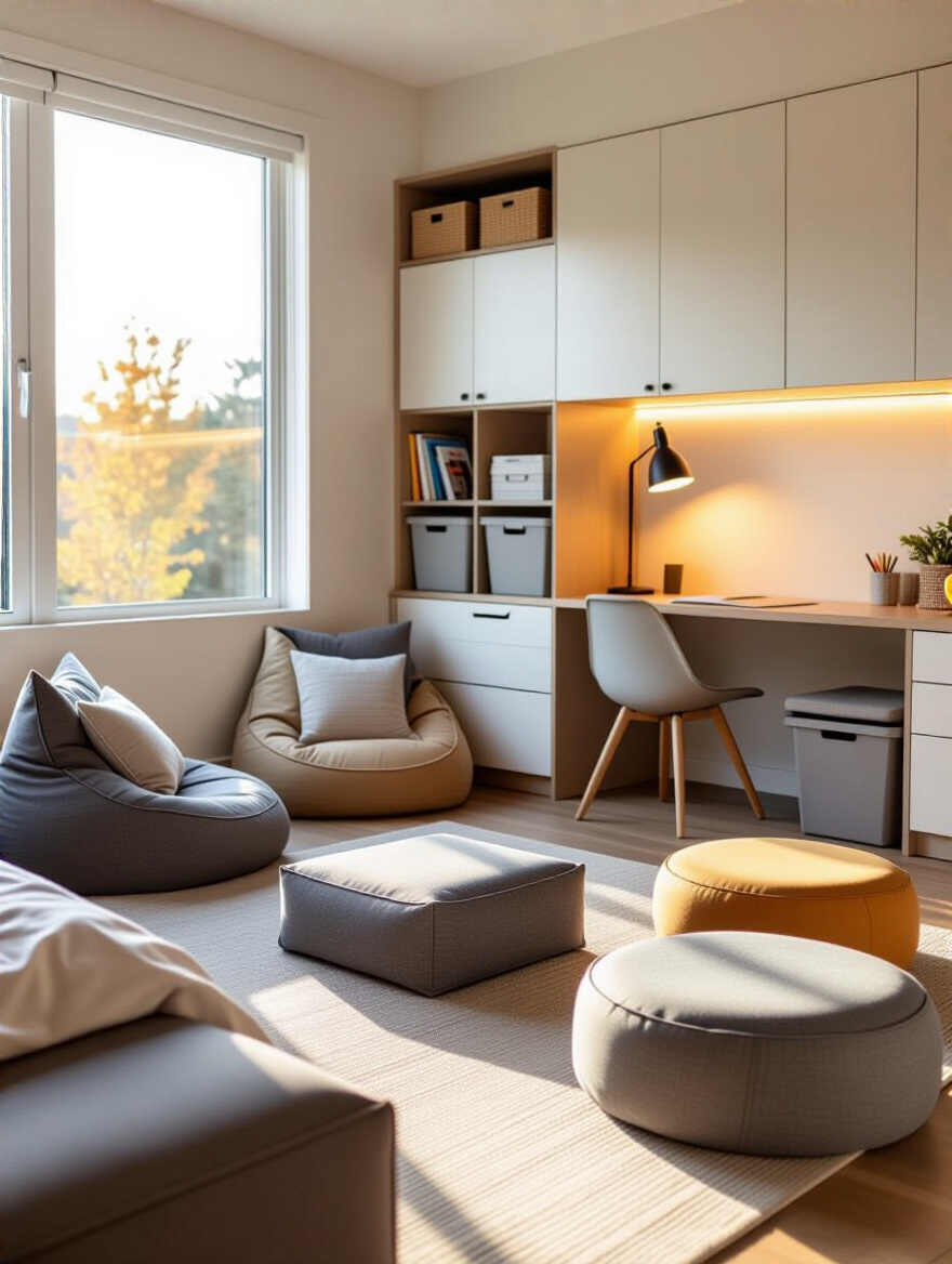 Teen bedroom featuring flexible seating options including modular ottomans, bean bags, and ergonomic stools in a versatile and well-lit study and social area