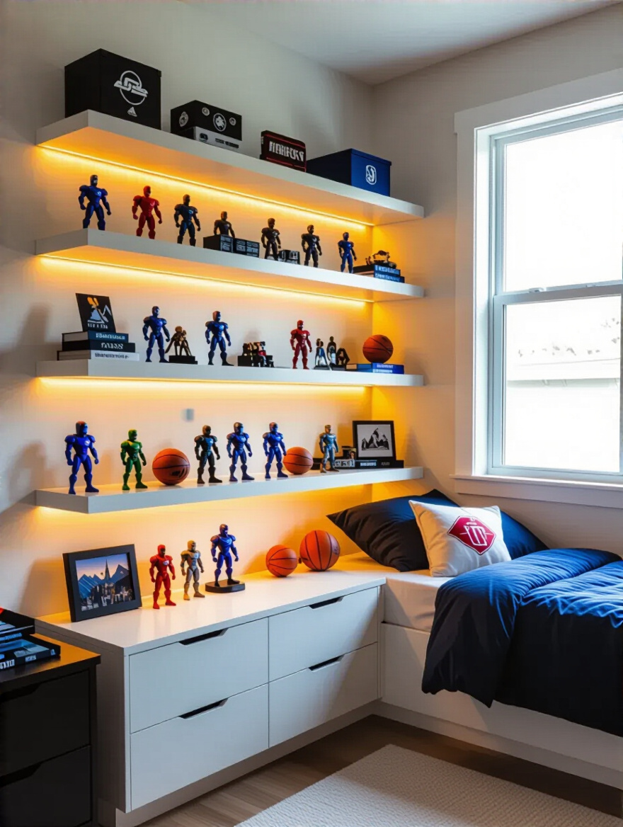 Teen bedroom corner with dedicated floating shelves displaying collectibles and decorative LED lighting