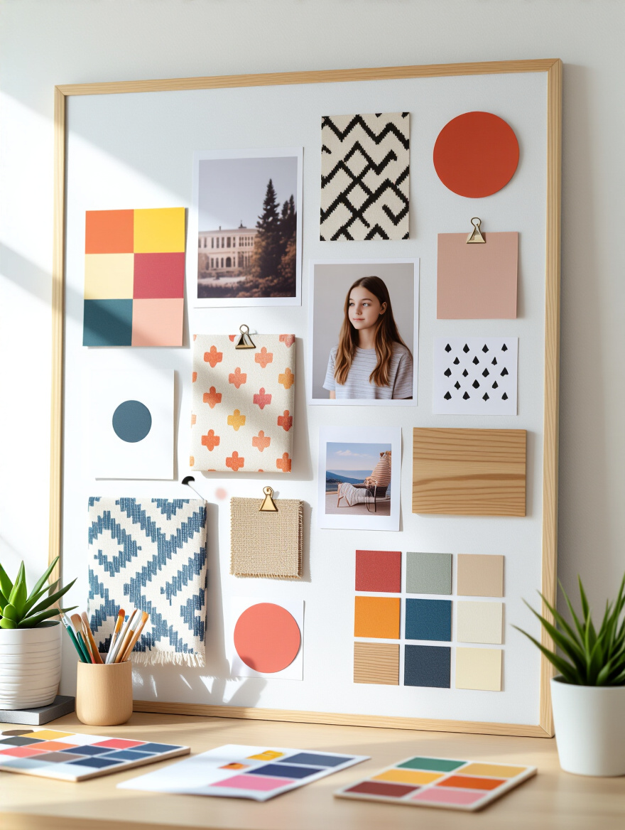 Inspirational teen bedroom mood board with fabric swatches, paint chips, and design images on foam core board