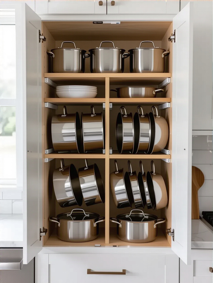 Interior cabinet with vertical pot lid racks holding lids upright, organized and neat.