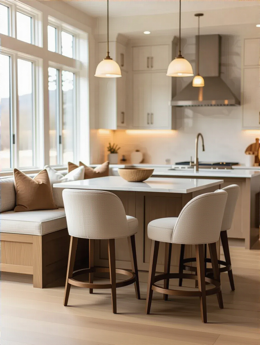 Modern kitchen island with comfortable upholstered counter-height stools creating an inviting gathering spot
