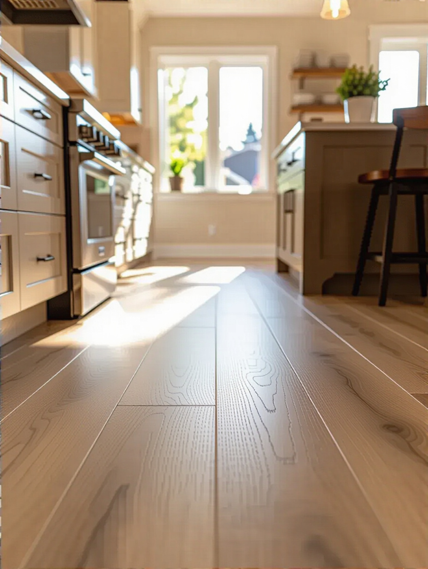 Close-up portrait photo of durable luxury vinyl plank kitchen flooring with natural wood texture under soft daylight