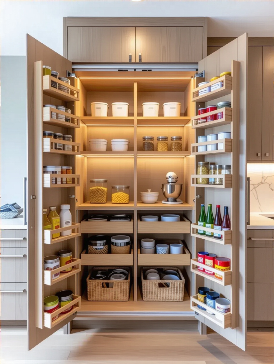 Modern kitchen with an open integrated pantry unit showing organized shelves and storage containers