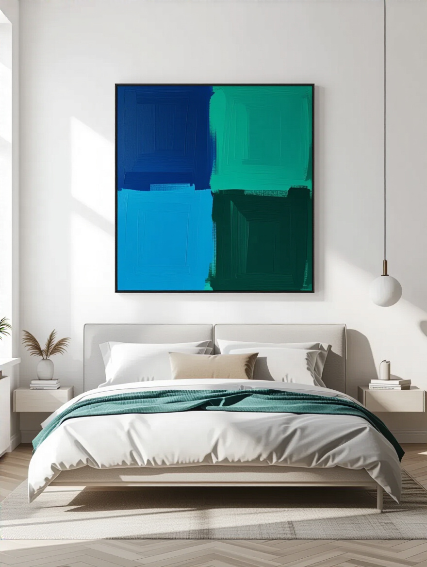 Modern bedroom with large vibrant blue and green abstract statement wall art above a minimalist floating bed
