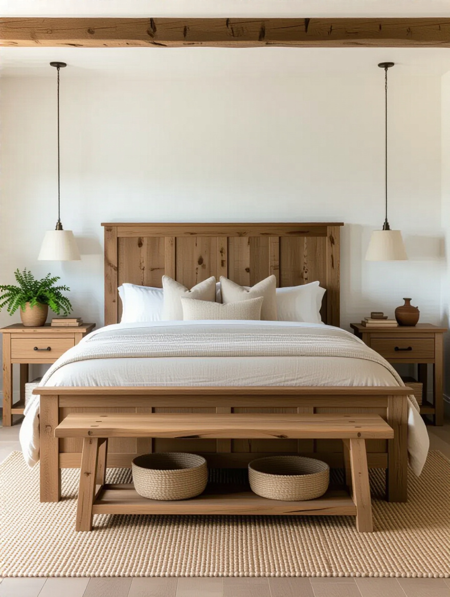 Vertical photo of a rustic bedroom with a reclaimed oak bed, handcrafted nightstands, visible dovetail drawer joinery, and warm natural light.