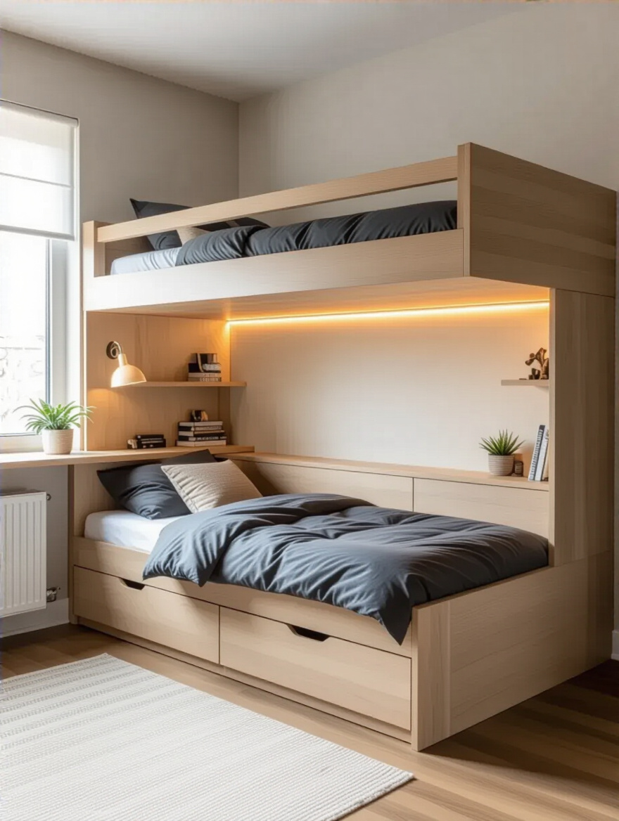 Multi-functional bed in a teenager's bedroom with integrated desk and storage, maximizing floor space