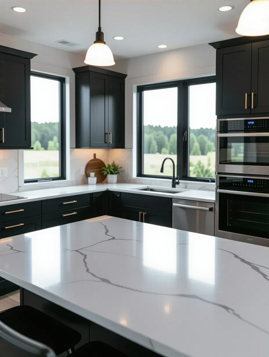 Portrait-style photo of a modern kitchen with deep black cabinets and light-veined countertops.
