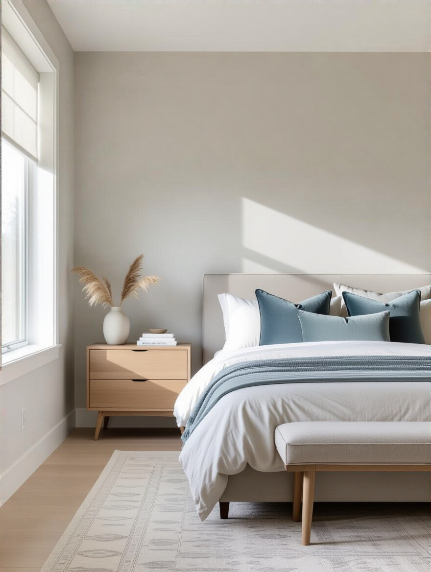 Modern bedroom interior with harmonious neutral and muted blue color palette, light wood furniture, and soft natural lighting