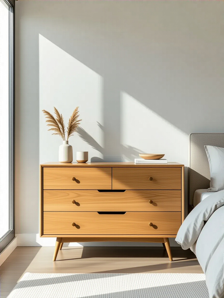 Modern bedroom featuring a sleek low-profile wooden dresser with minimalist design and natural light