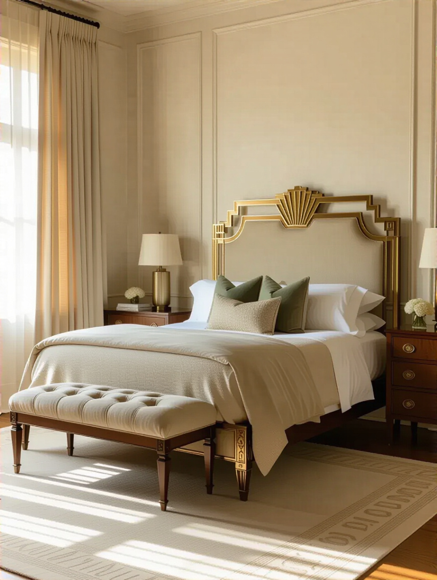 Interior of a vintage-inspired bedroom featuring a prominent ornate bed frame as the focal point, warm lighting, muted retro palette, no people.