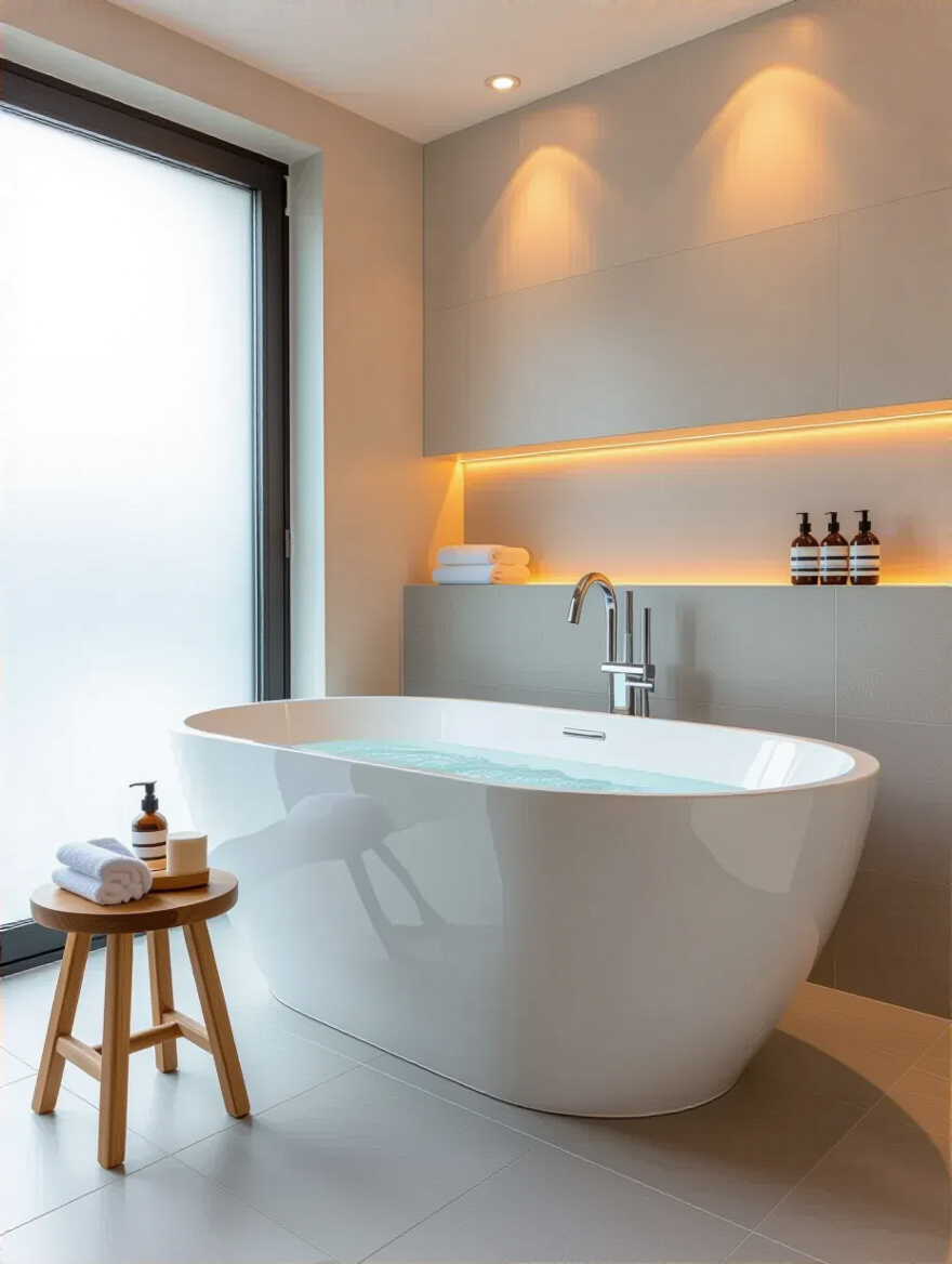 Modern bathroom with freestanding bathtub in a bright, stylish remodeled space