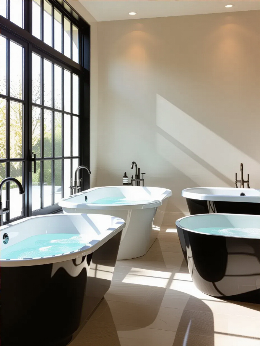 Various bathtub materials displayed side by side in a modern bathroom setting illustrating durability and comfort differences