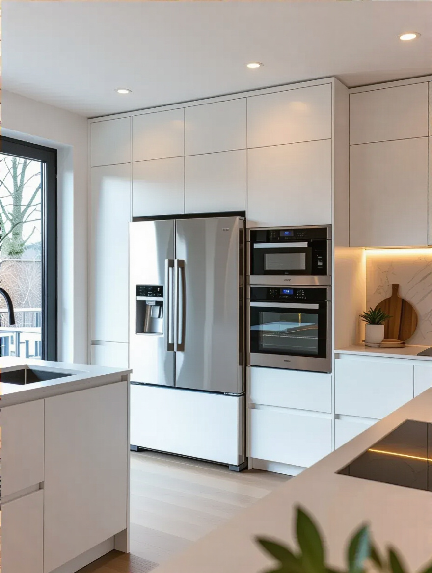 Modern kitchen with seamless integrated cabinetry concealing appliances in a minimalist design