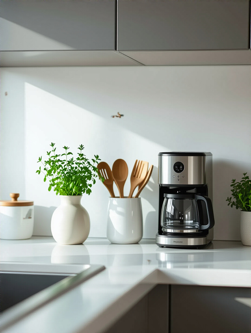 A pristine, decluttered kitchen counter with minimal, stylish items, representing daily organization.