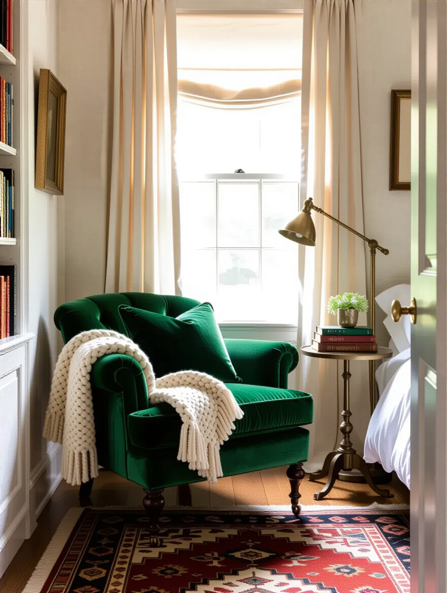 Cozy vintage reading nook in a bedroom corner with plush armchair, knitted throw, brass lamp, small antique trunk side table, and Persian rug.