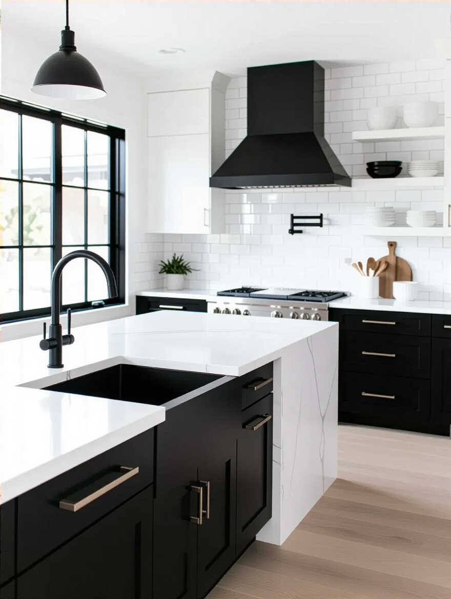 Modern kitchen with black cabinets and crisp white elements reflecting light for a dramatic contrast