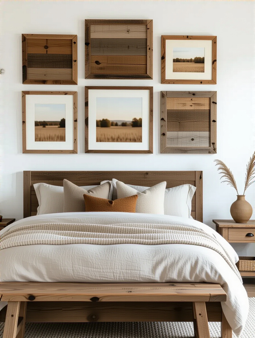 Vertical photo of a rustic bedroom with a barnwood gallery wall above a linen bed, reclaimed wood frames and warm natural light