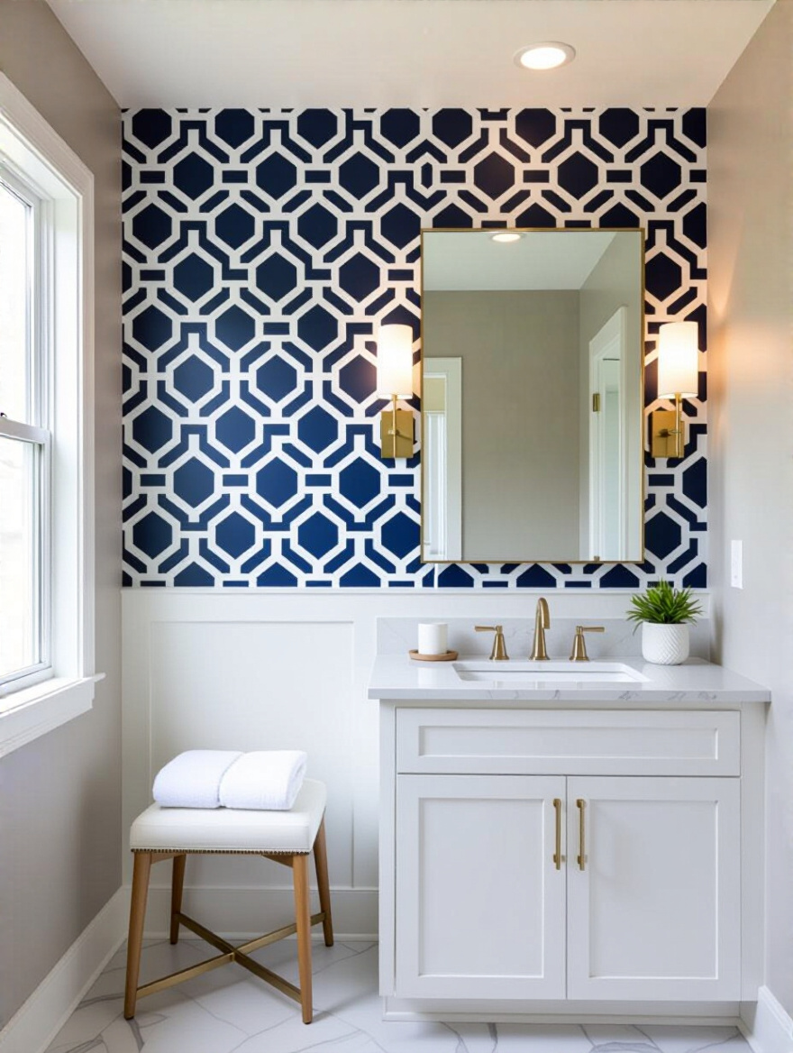 Bathroom with half-wall wallpaper feature: bold upper wall pattern, white chair rail, lower warm gray wall, vanity and mirror, well-lit interior