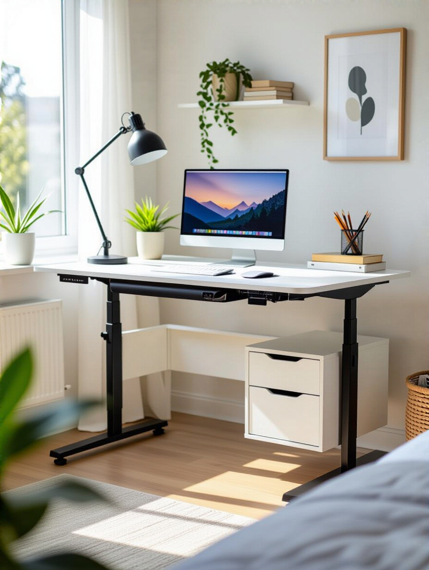 Modern ergonomic study desk with adjustable height and cable management in stylish teenage bedroom