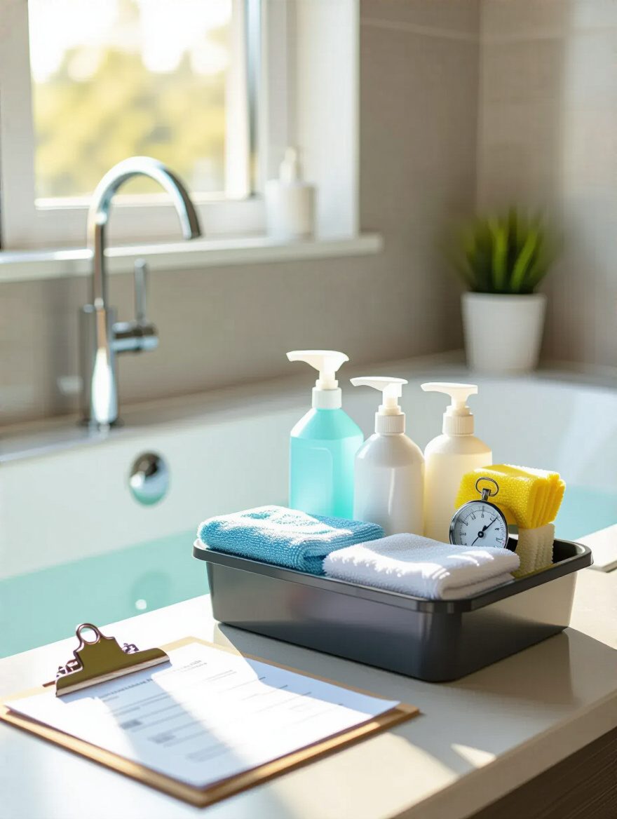 Organized bathroom maintenance kit with cleaning supplies and checklist next to a modern bathtub, bright natural lighting