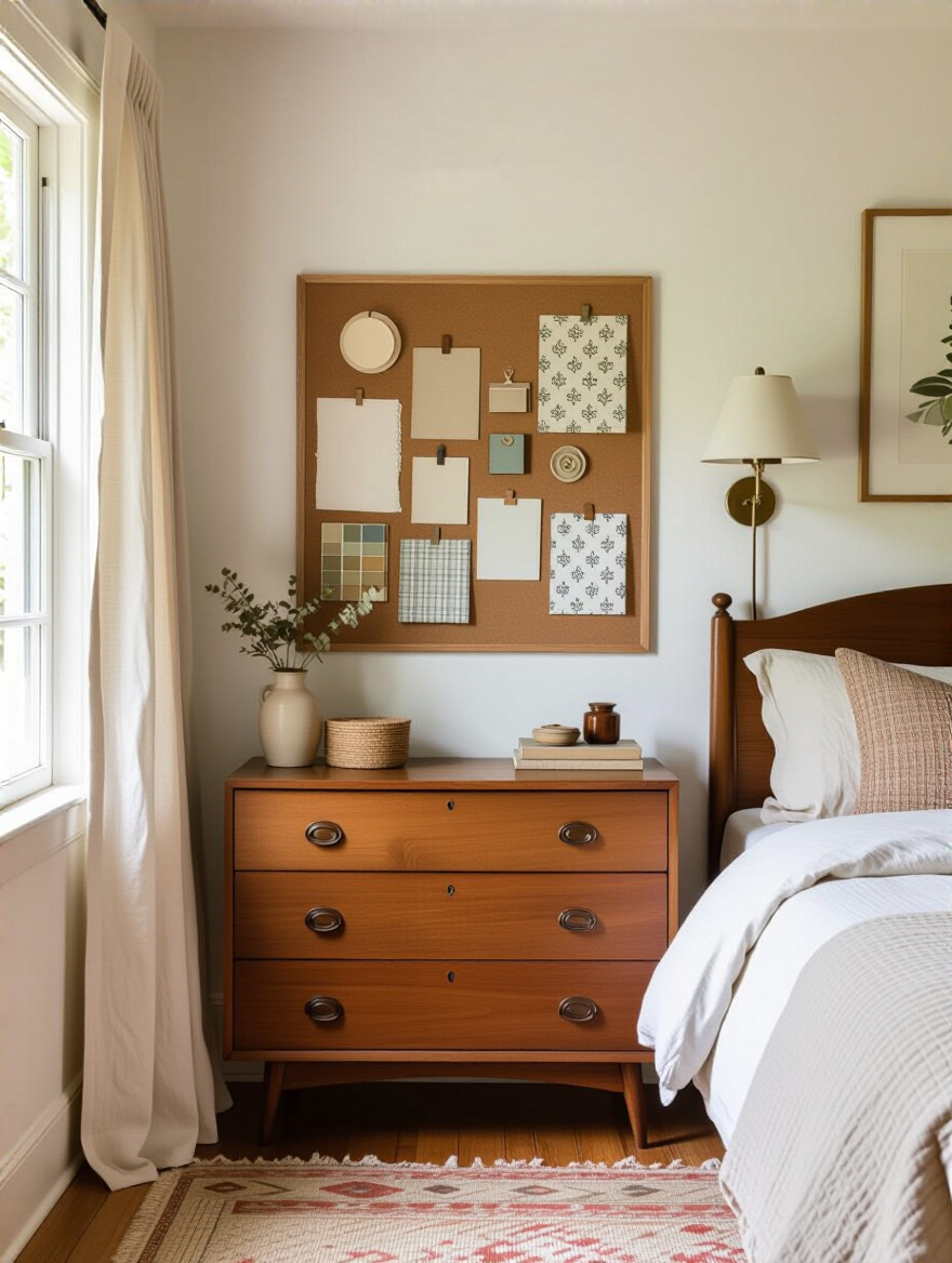Vertical view of a vintage mood-board setup in a bedroom with fabric swatches, paint chips, and wallpaper samples arranged on a corkboard beside a wooden dresser