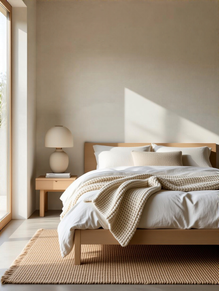 Modern minimalist bedroom with diverse textures including wood bed frame, wool throw, linen cushions, jute rug, and ceramic lamp
