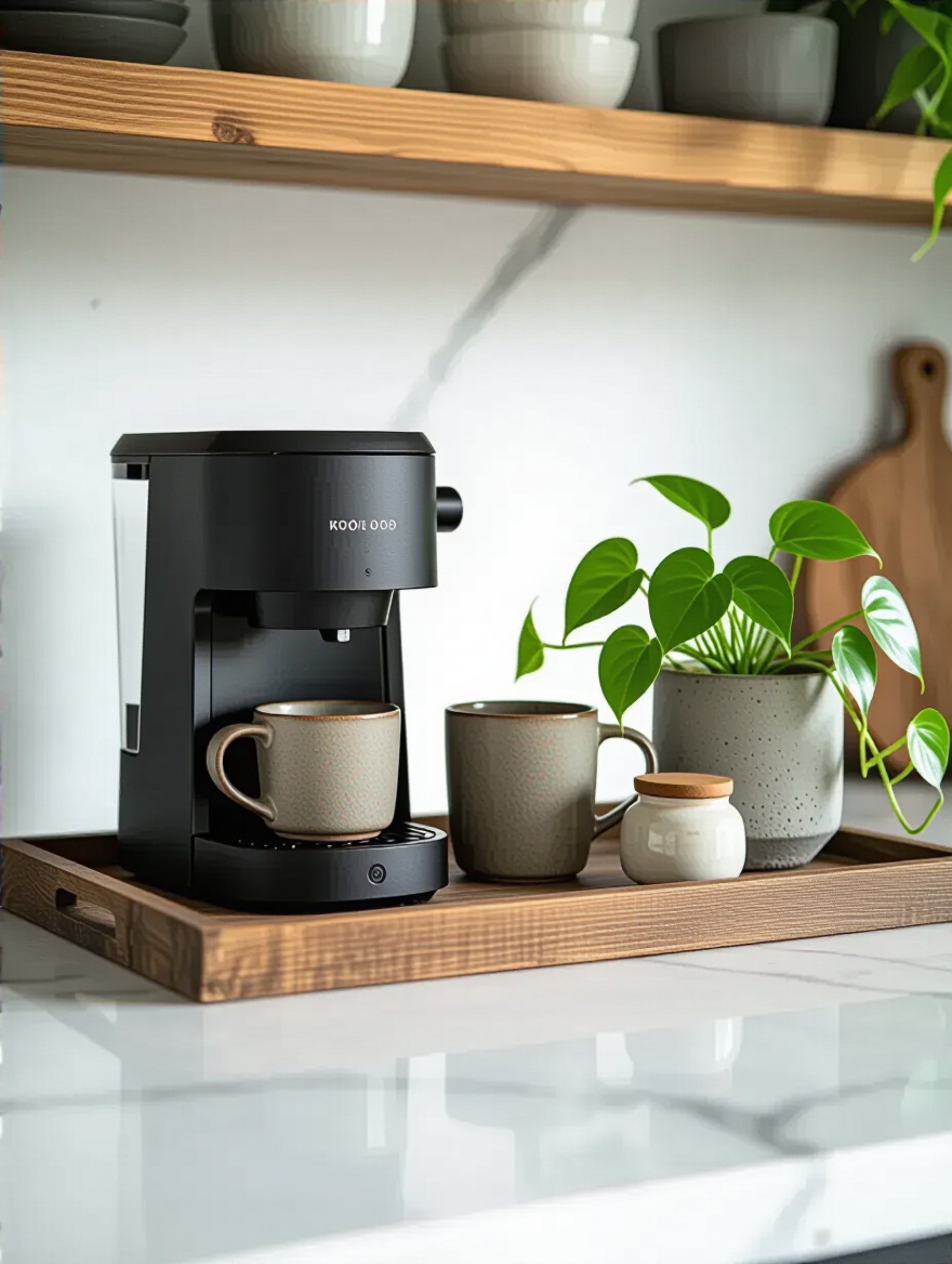 Stylish kitchen countertop vignette with coffee machine, mugs, ceramic jar, and pothos plant on rustic tray