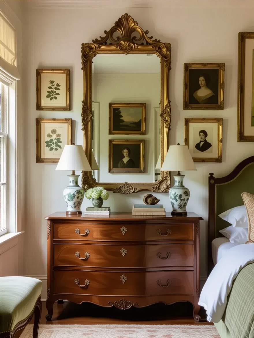 Elegant vintage bedroom wall with ornate mirrors and curated art