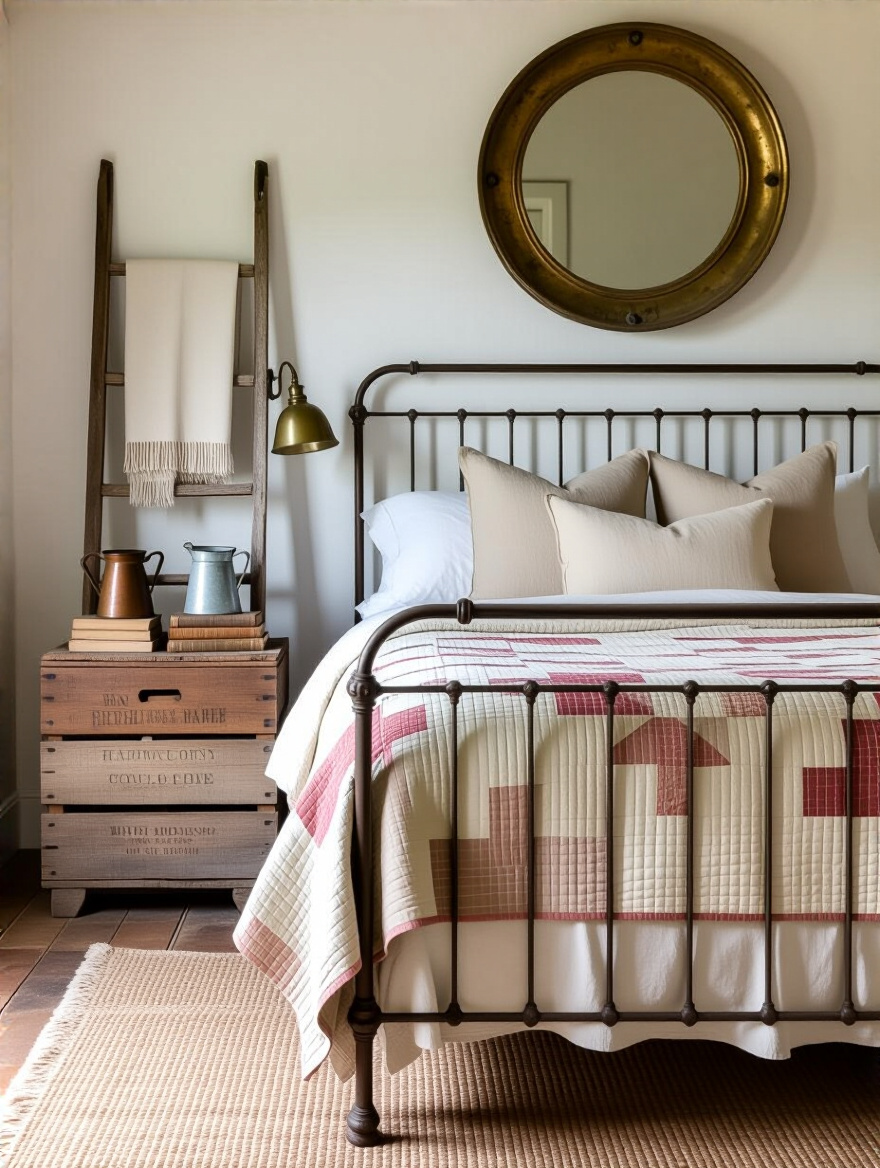 Vertical photo of a rustic bedroom with an antique iron bed, weathered wooden crate nightstand, enamelware, stacked books, woven rug and warm window light highlighting aged textures.