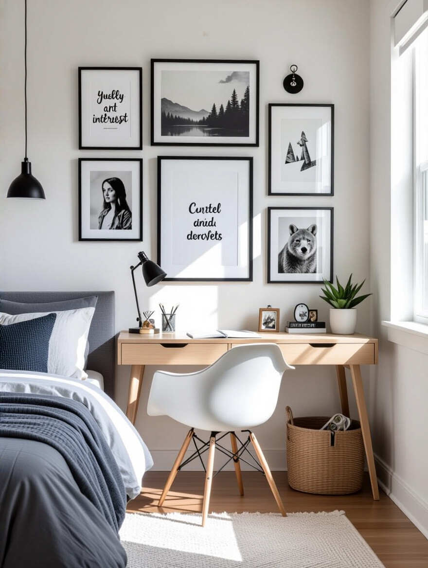 Teen bedroom with a captivating gallery wall of framed art and memorabilia showcasing personality and interests