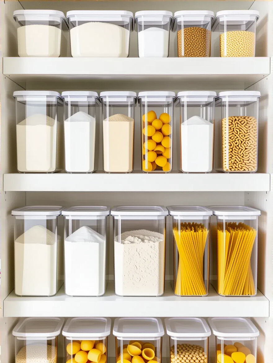 Organized pantry with uniform transparent airtight containers on white shelves, no visible text.