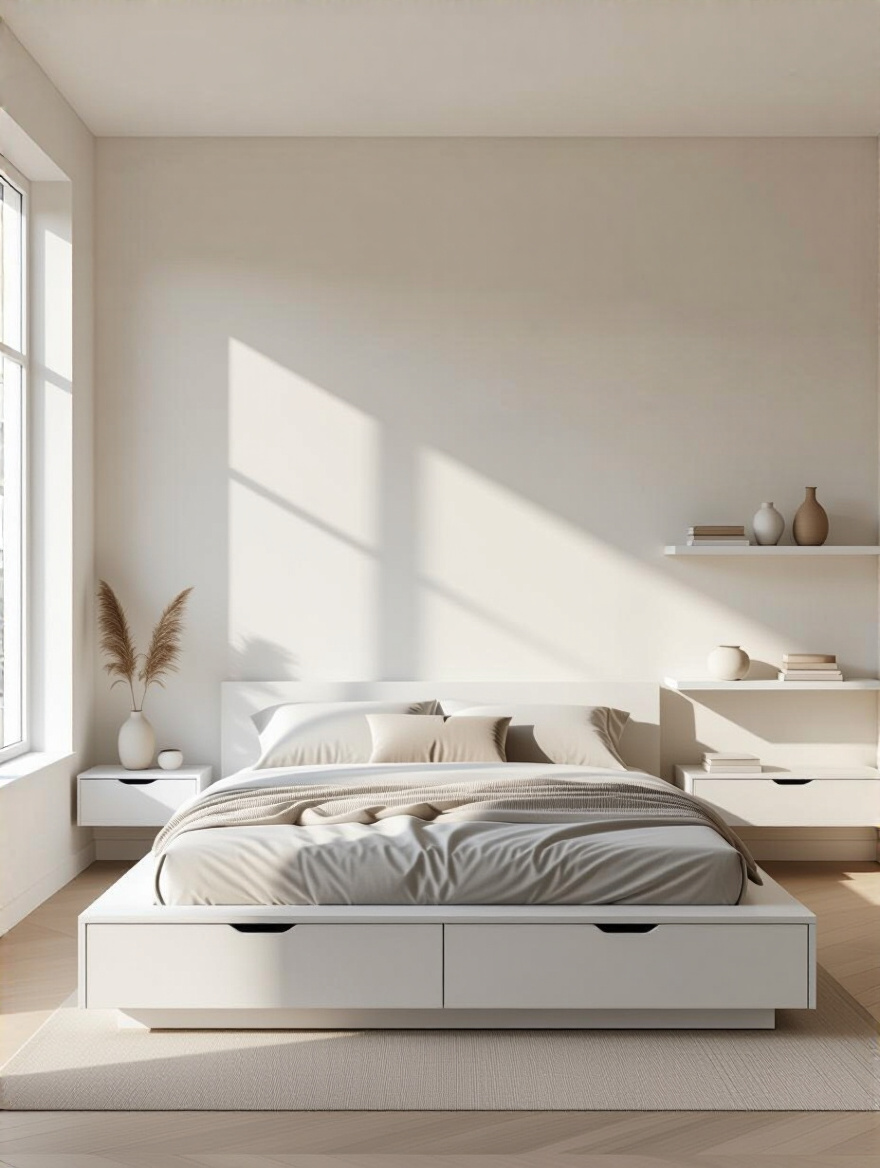 Minimalist modern bedroom with integrated storage, bright natural light, and a clutter-free serene atmosphere