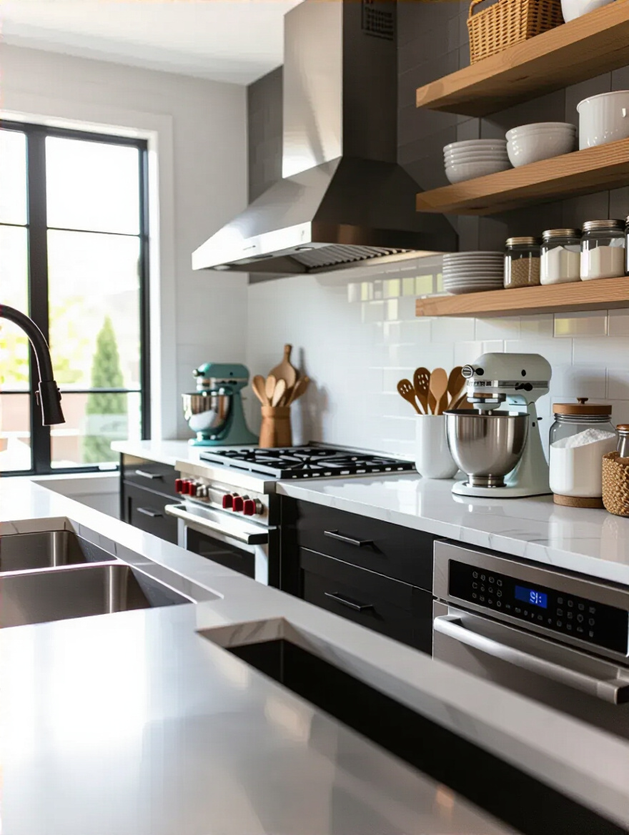 Vertical kitchen photo with distinct zones for cooking, baking, and cleaning
