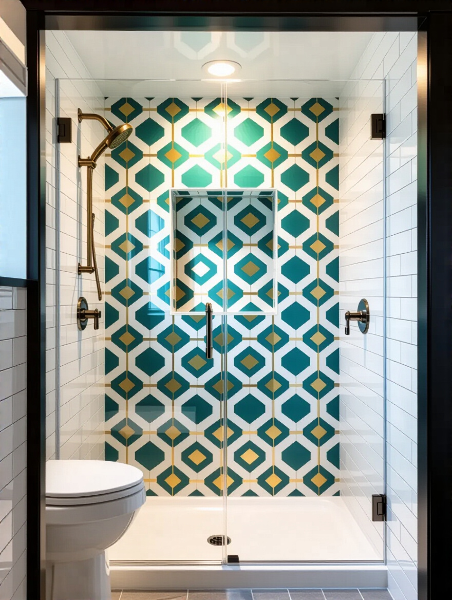 Vertical bathroom niche with bold waterproof wallpaper amid white subway tile and glass shower door