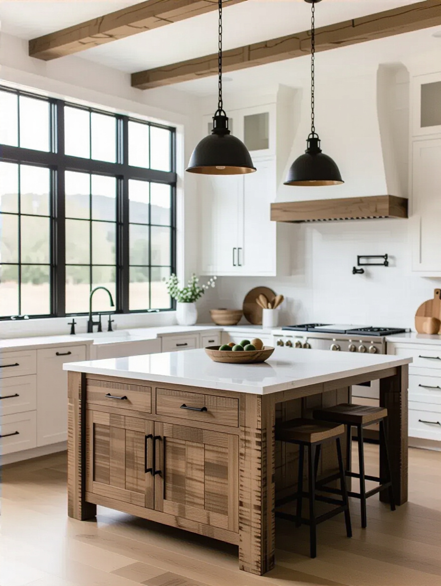 Portrait image of a modern farmhouse kitchen with cohesive furniture selection showcasing a defined aesthetic vision